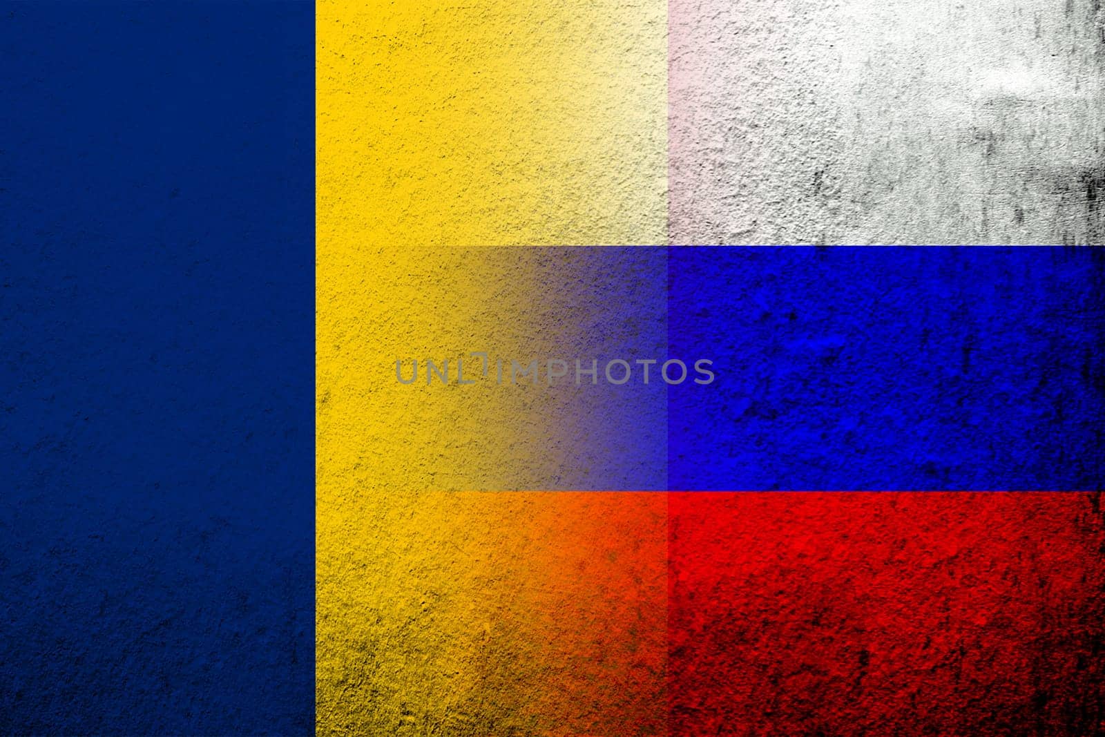 National flag of Russian Federation with The Republic of Chad National flag. Grunge background