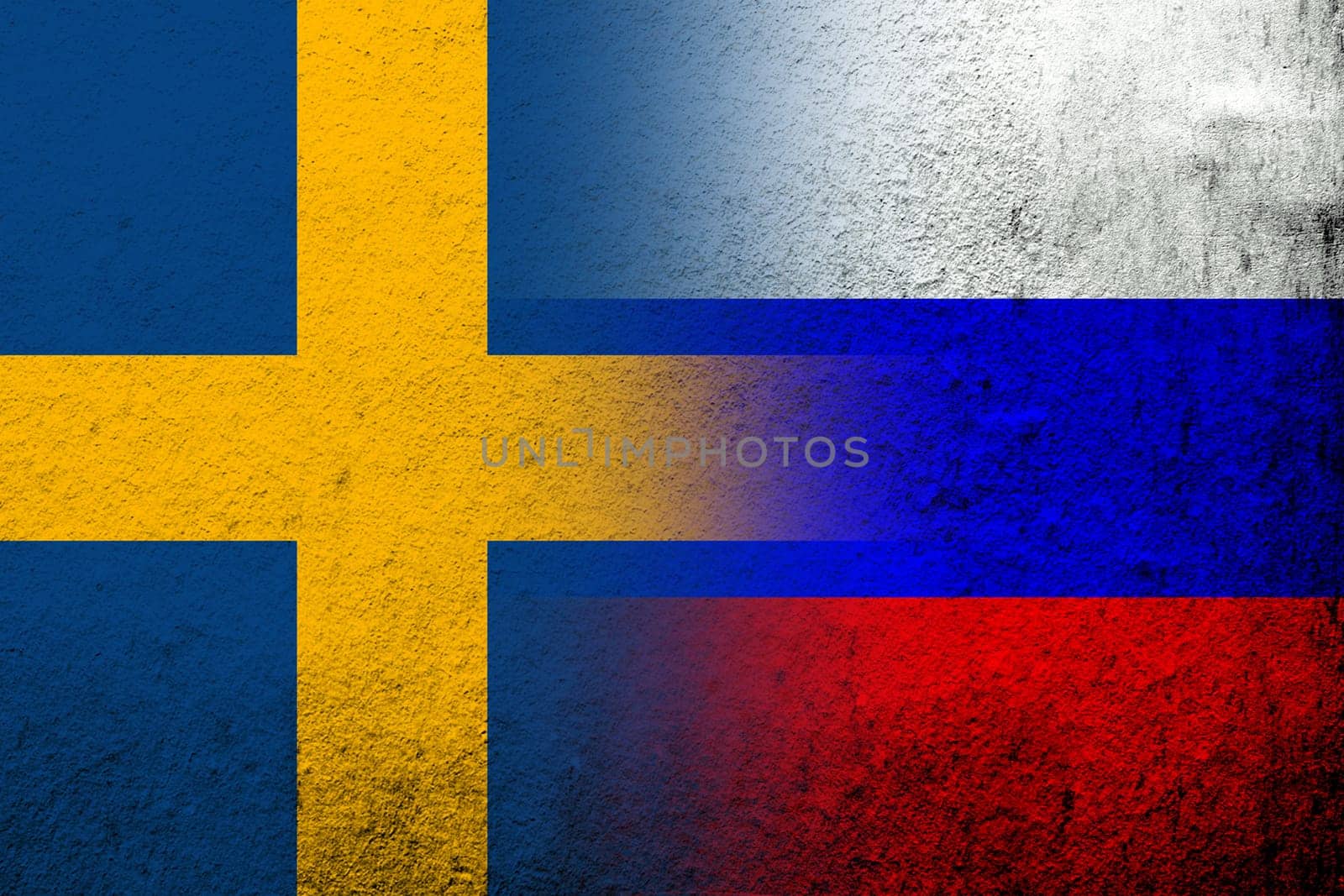 National flag of Russian Federation with The Kingdom of Sweden national flag. Grunge background
