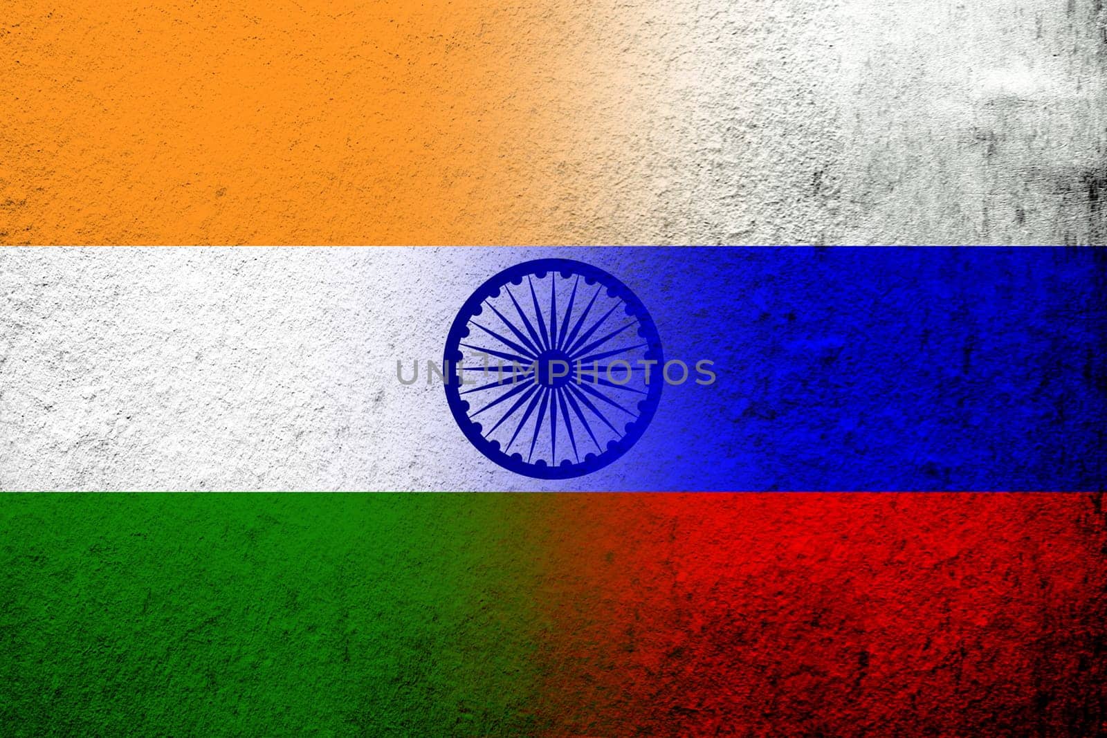 National flag of Russian Federation with The Republic of India National flag. Grunge background