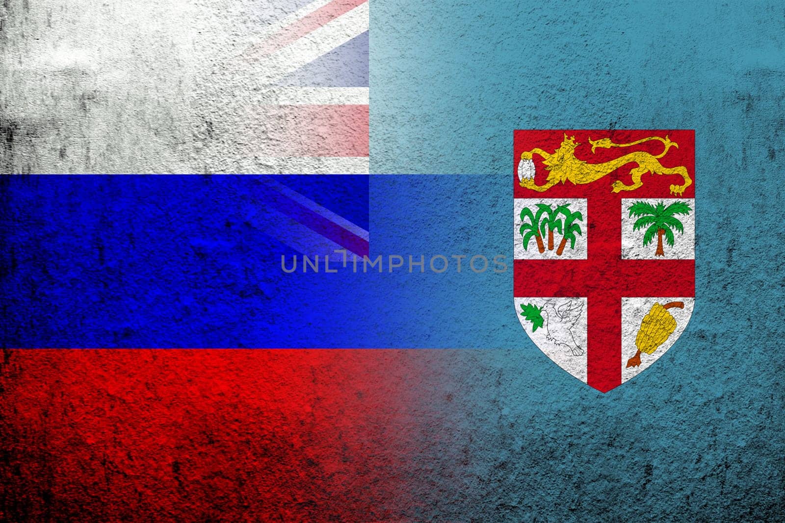 National flag of Russian Federation with The Republic of Fiji National flag. Grunge background