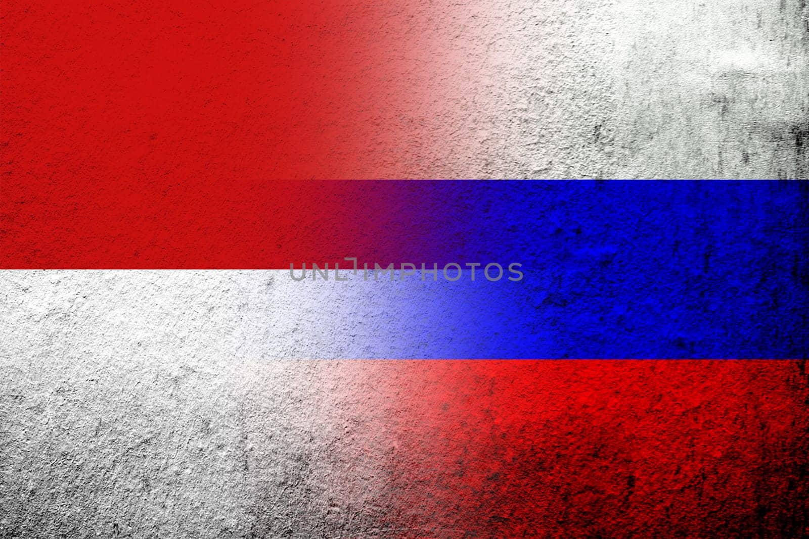 National flag of Russian Federation with The Republic of Indonesia National flag. Grunge background