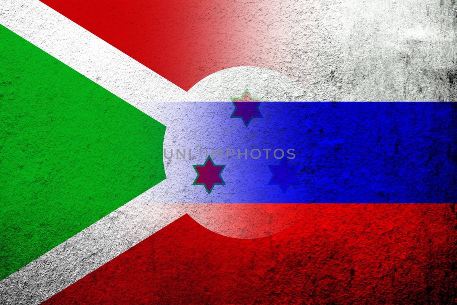 National flag of Russian Federation with The Republic of Burundi National flag. Grunge background