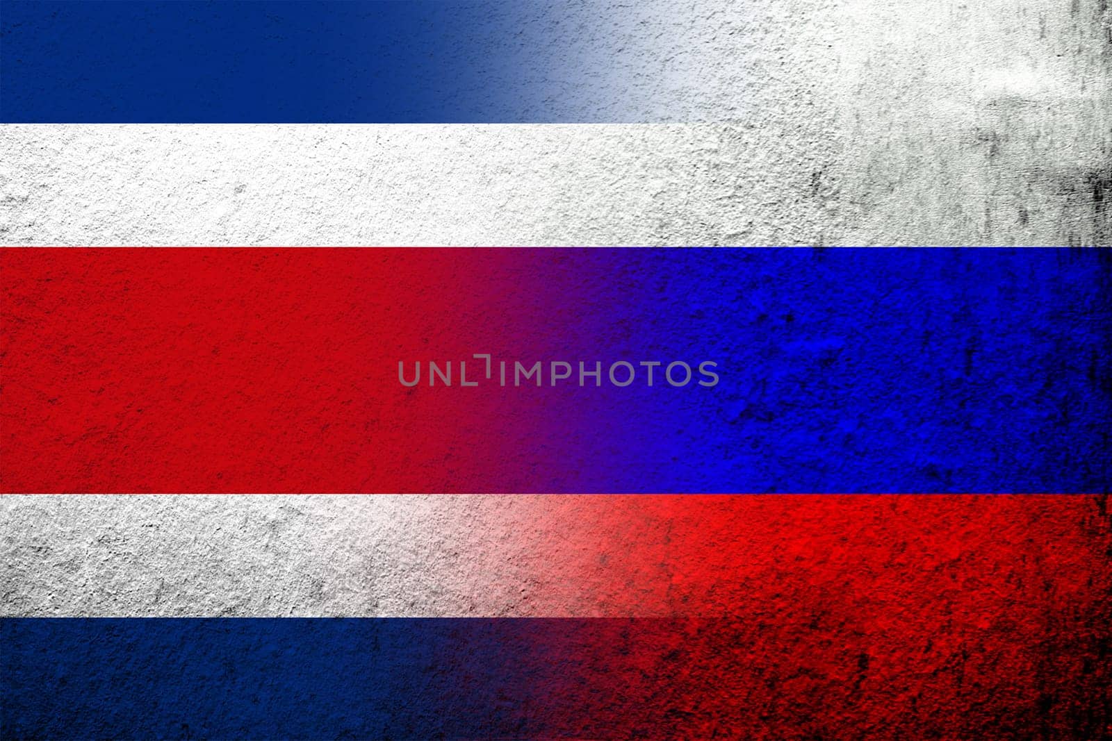 National flag of Russian Federation with the Republic of Costa Rica National flag. Grunge background
