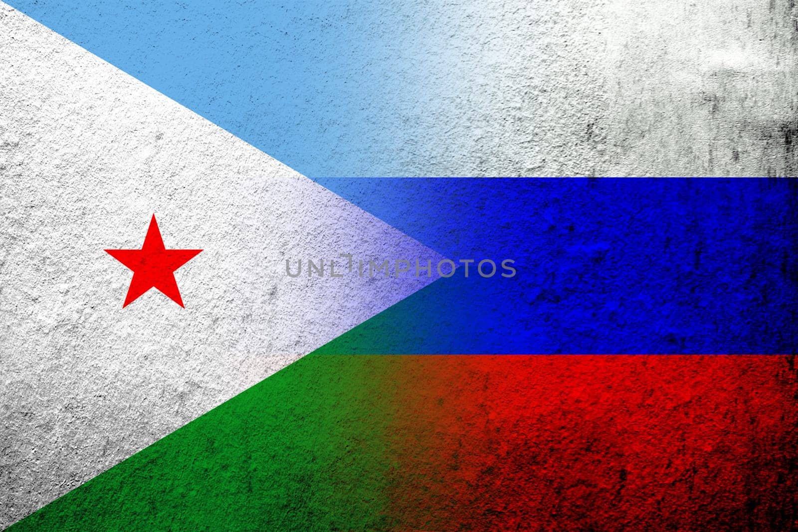 National flag of Russian Federation with the Republic of Djibouti National flag. Grunge background