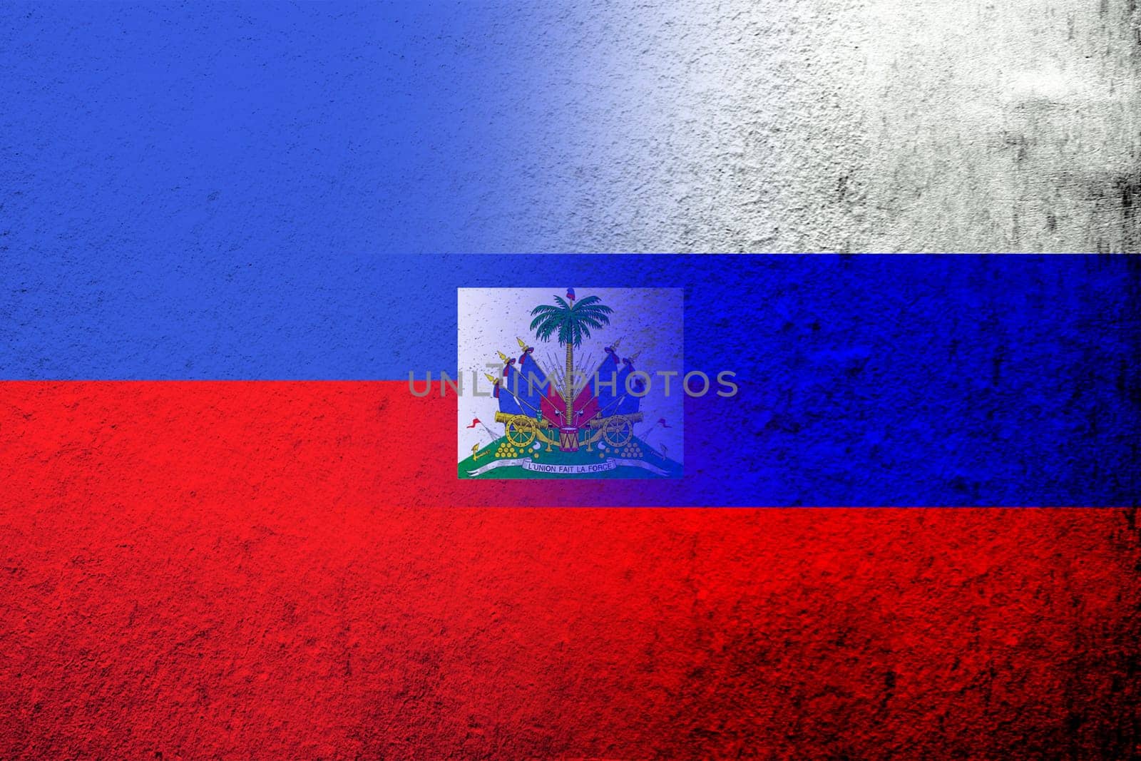 National flag of Russian Federation with the Republic of Haiti National flag. Grunge background