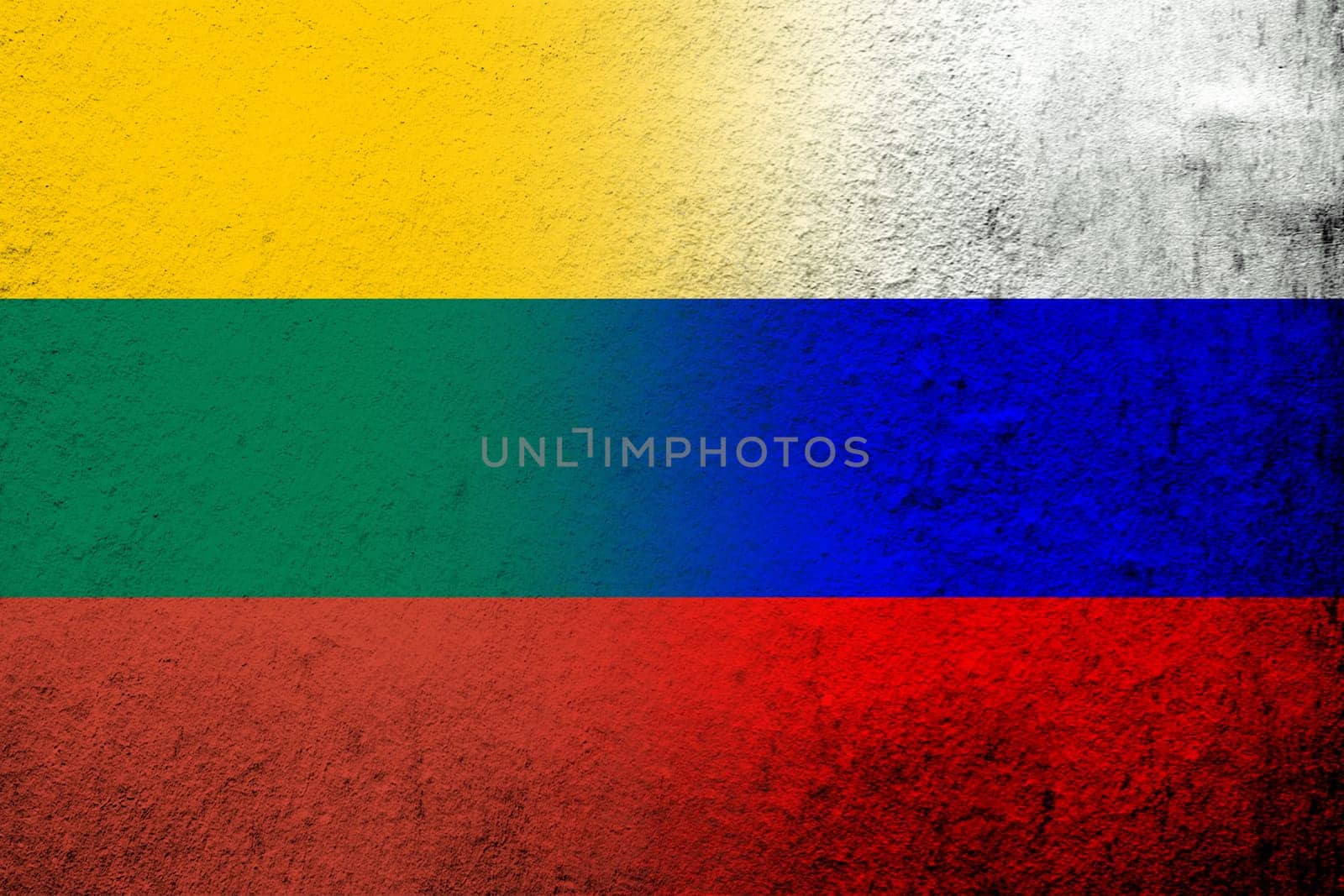 National flag of Russian Federation with The Republic of Lithuania National flag. Grunge background