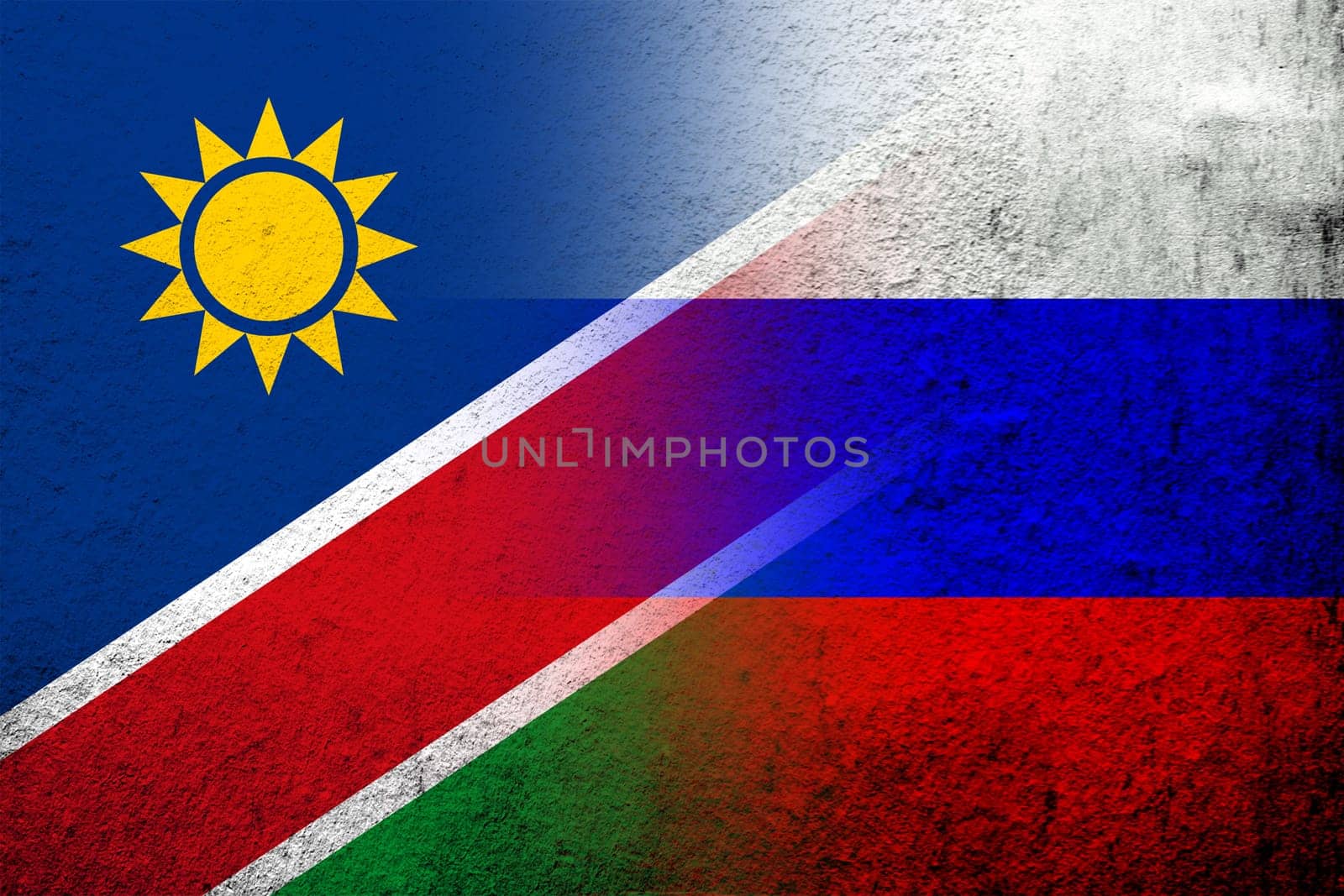 National flag of Russian Federation with The Republic of Namibia National flag. Grunge background