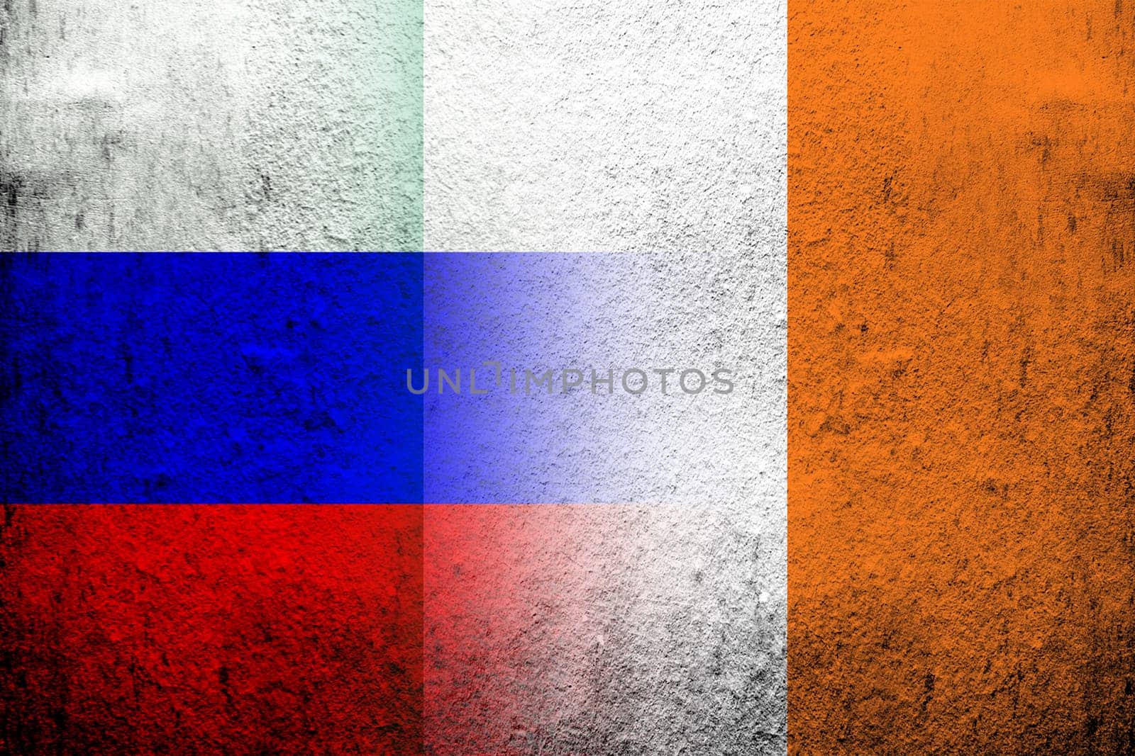 National flag of Russian Federation with The Republic of Ireland National flag. Grunge background