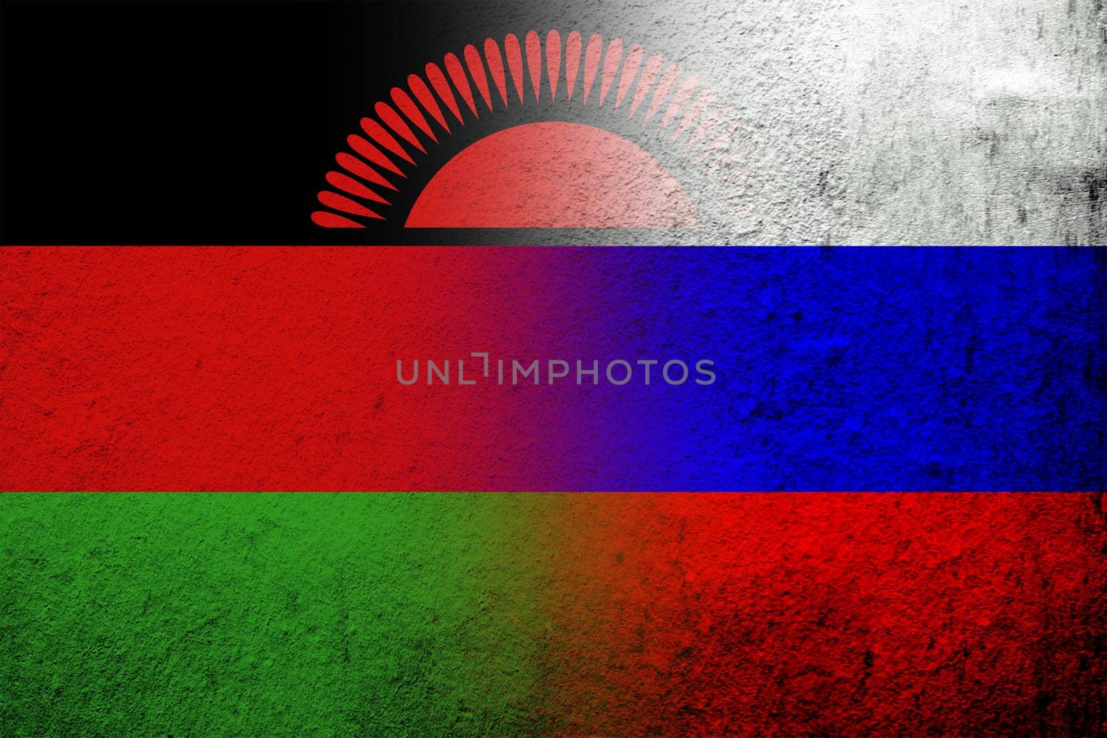 National flag of Russian Federation with The Republic of Malawi National flag. Grunge background