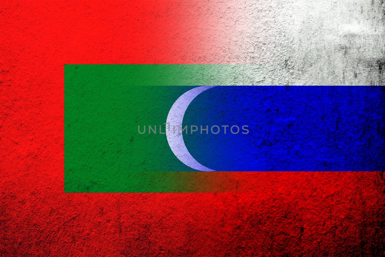 National flag of Russian Federation with The Republic of Maldives National flag. Grunge background
