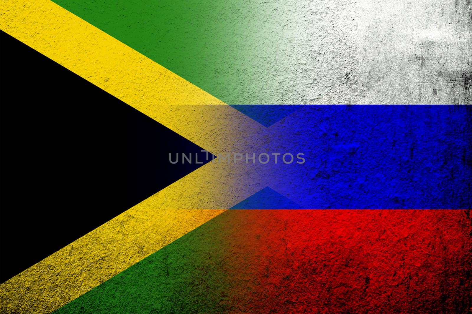 National flag of Russian Federation with National flag of Jamaica. Grunge background
