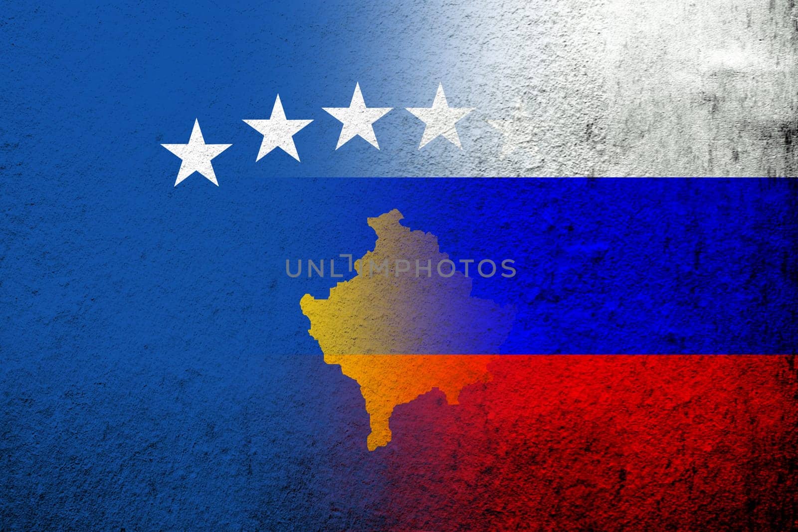 National flag of Russian Federation with The Republic of Kosovo National flag. Grunge background