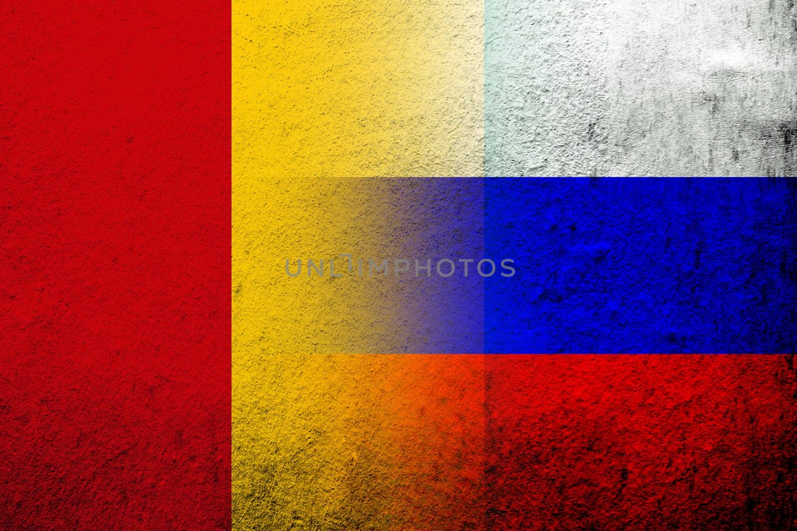 National flag of Russian Federation with The Republic of Guinea National flag. Grunge background