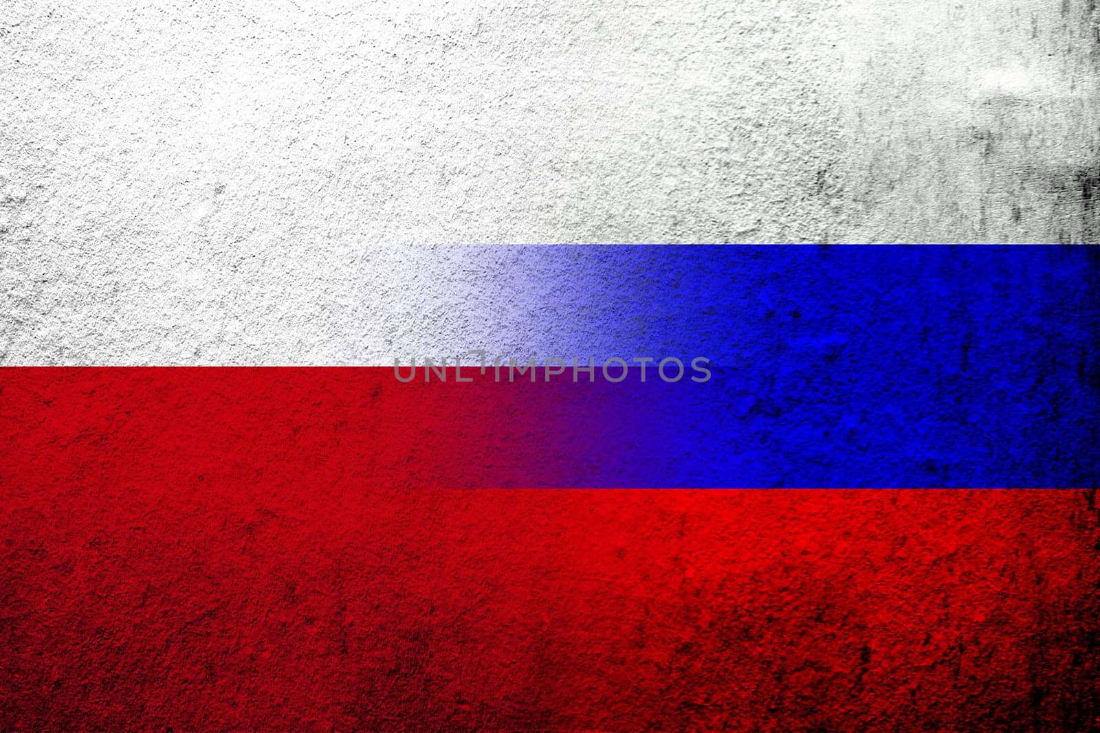 National flag of Russian Federation with The Republic of Poland national flag. Grunge background