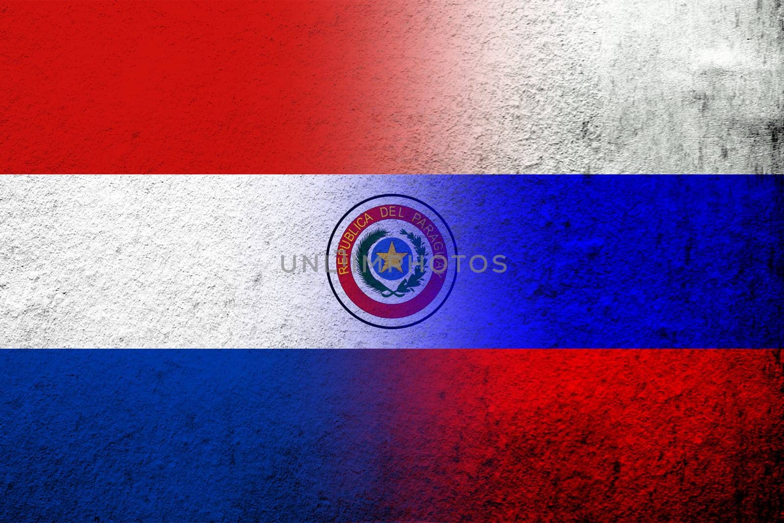 National flag of Russian Federation with The Republic of Paraguay National flag. Grunge background