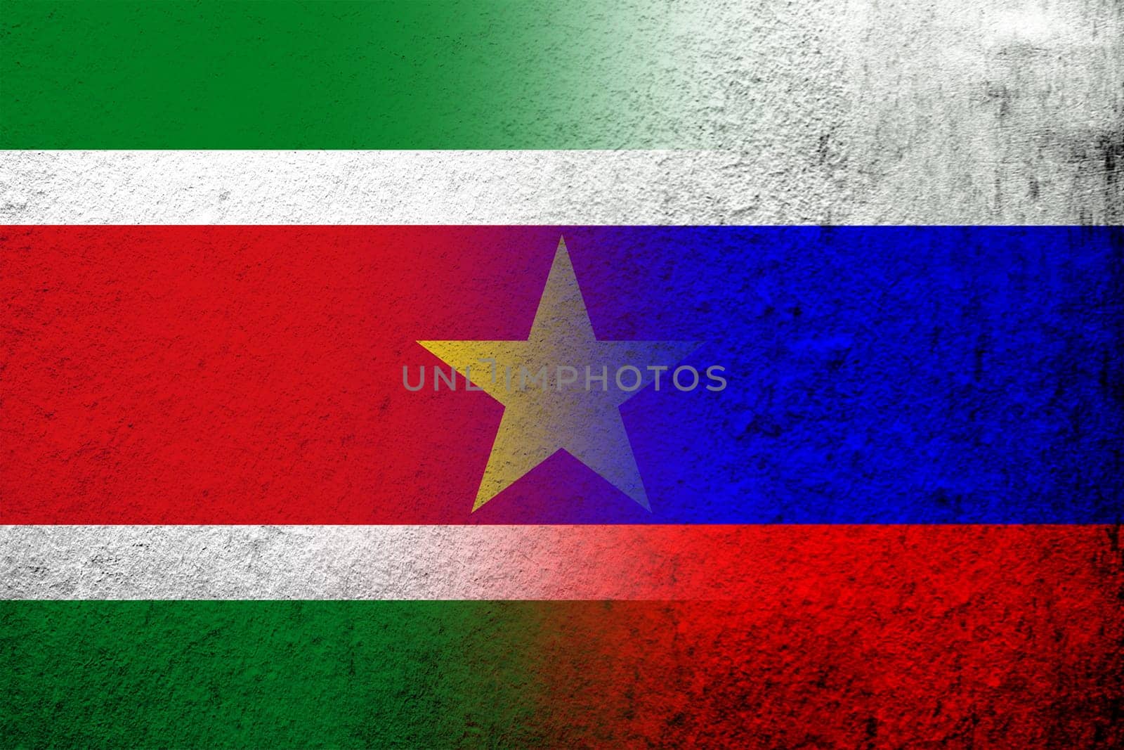 National flag of Russian Federation with The Republic of Suriname National flag. Grunge background
