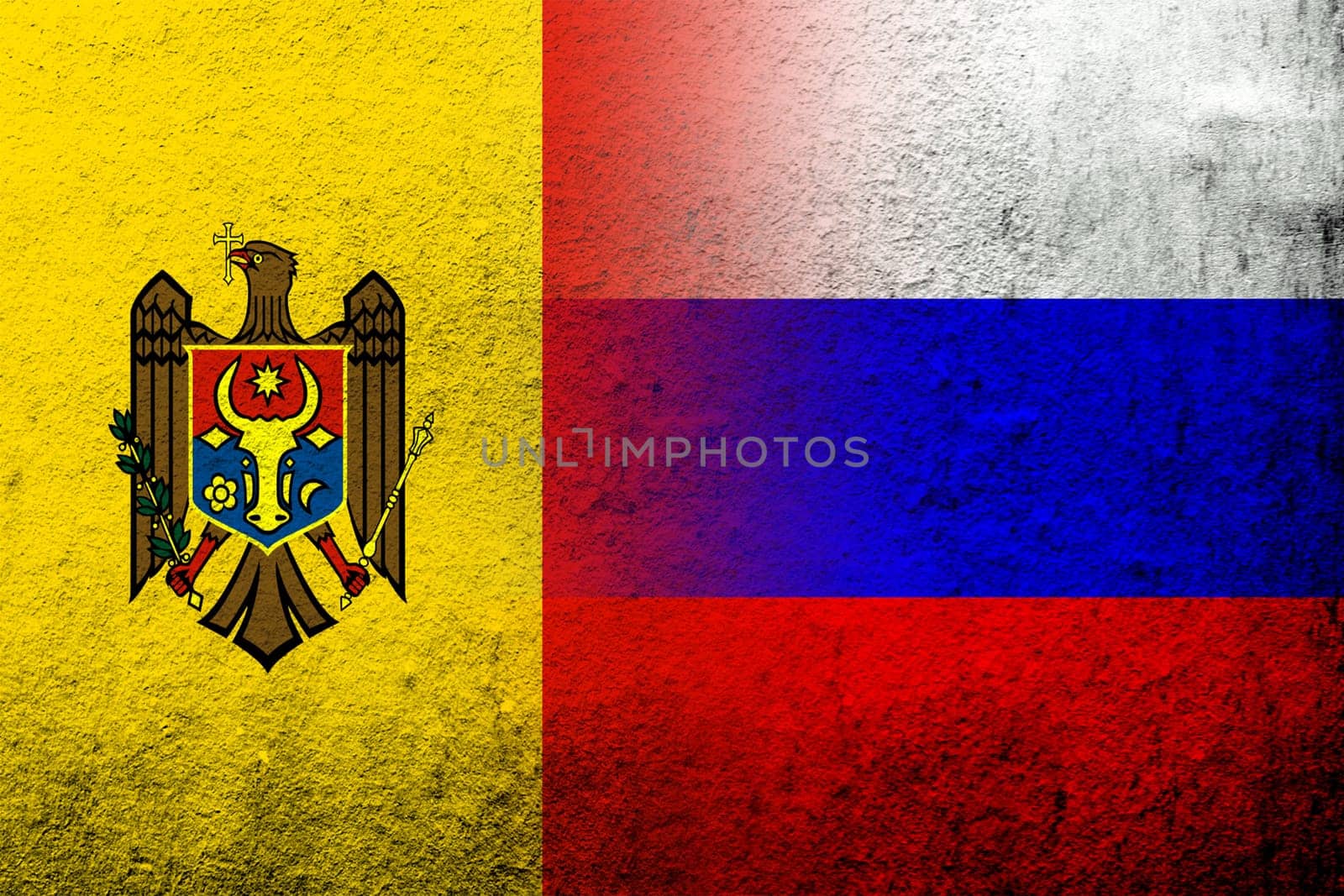 National flag of Russian Federation with The Republic of Moldova National flag. Grunge background