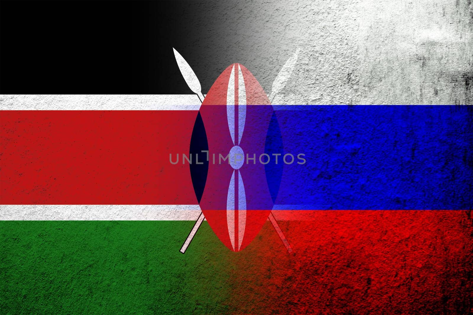 National flag of Russian Federation with The Republic of Kenya National flag. Grunge background