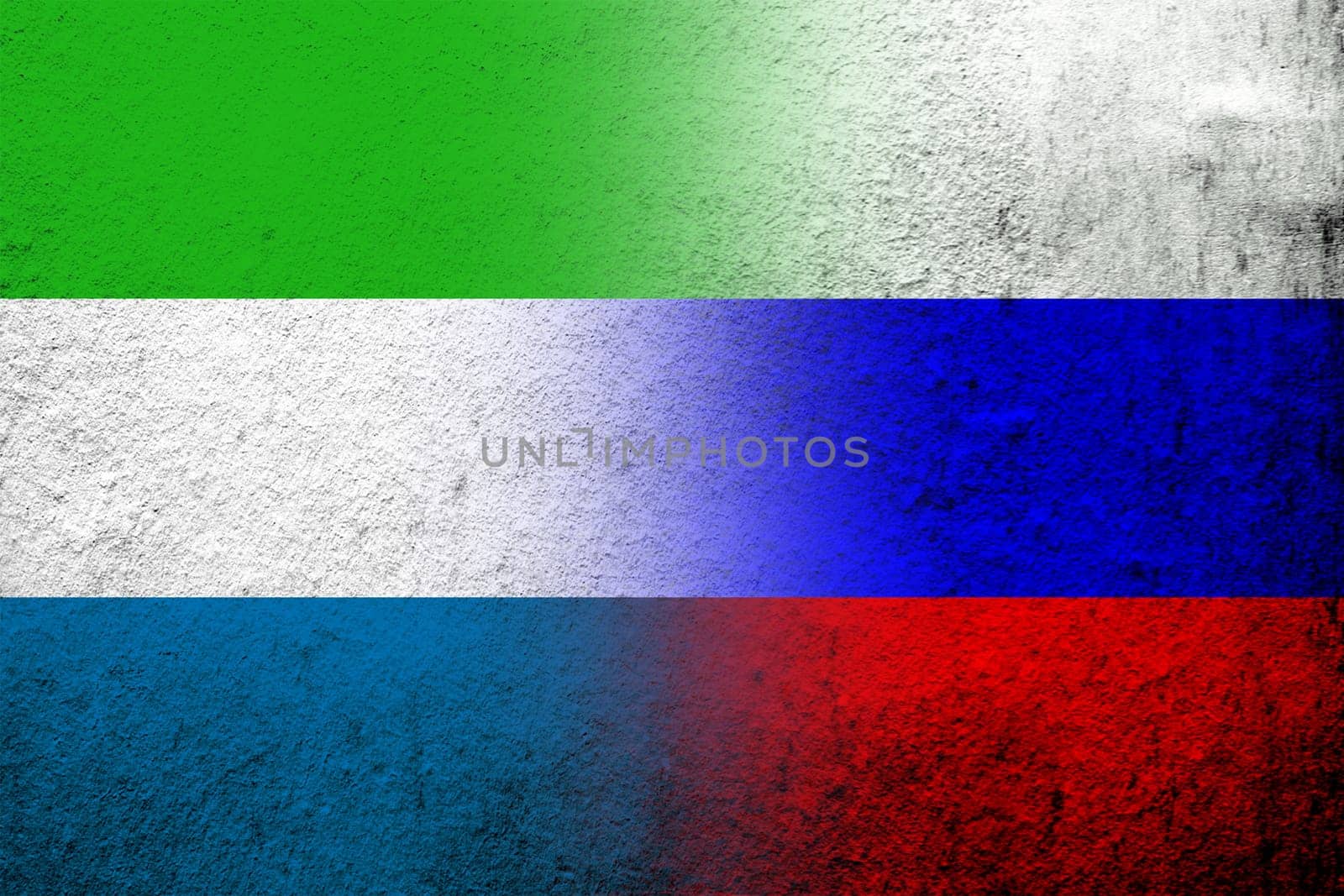 National flag of Russian Federation with the Republic of Sierra Leone National flag. Grunge background