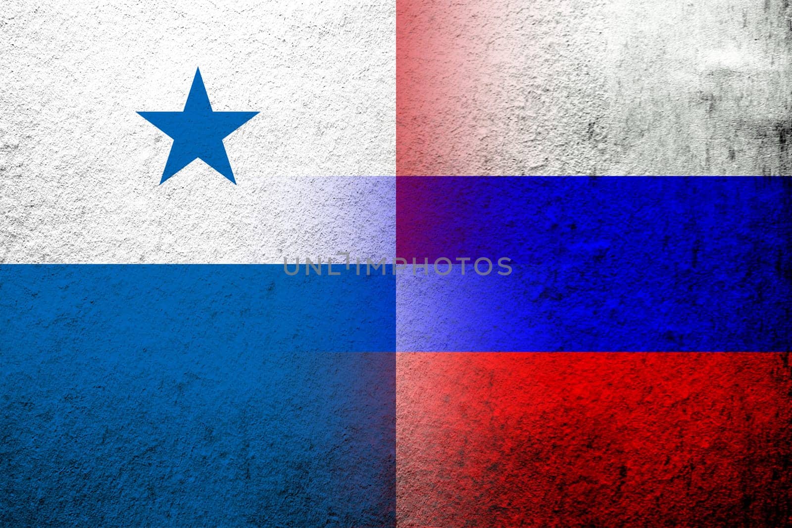 National flag of Russian Federation with The Republic of Panama National flag. Grunge background