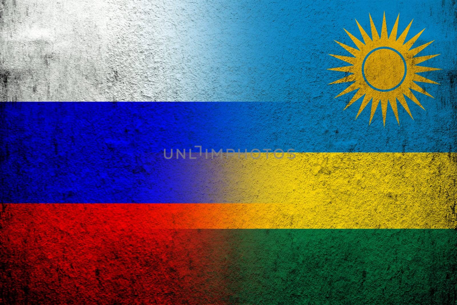 National flag of Russian Federation with the Republic of Rwanda National flag. Grunge background