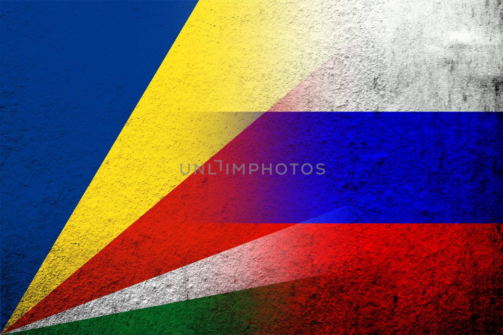 National flag of Russian Federation with The Republic of Seychelles National flag. Grunge background