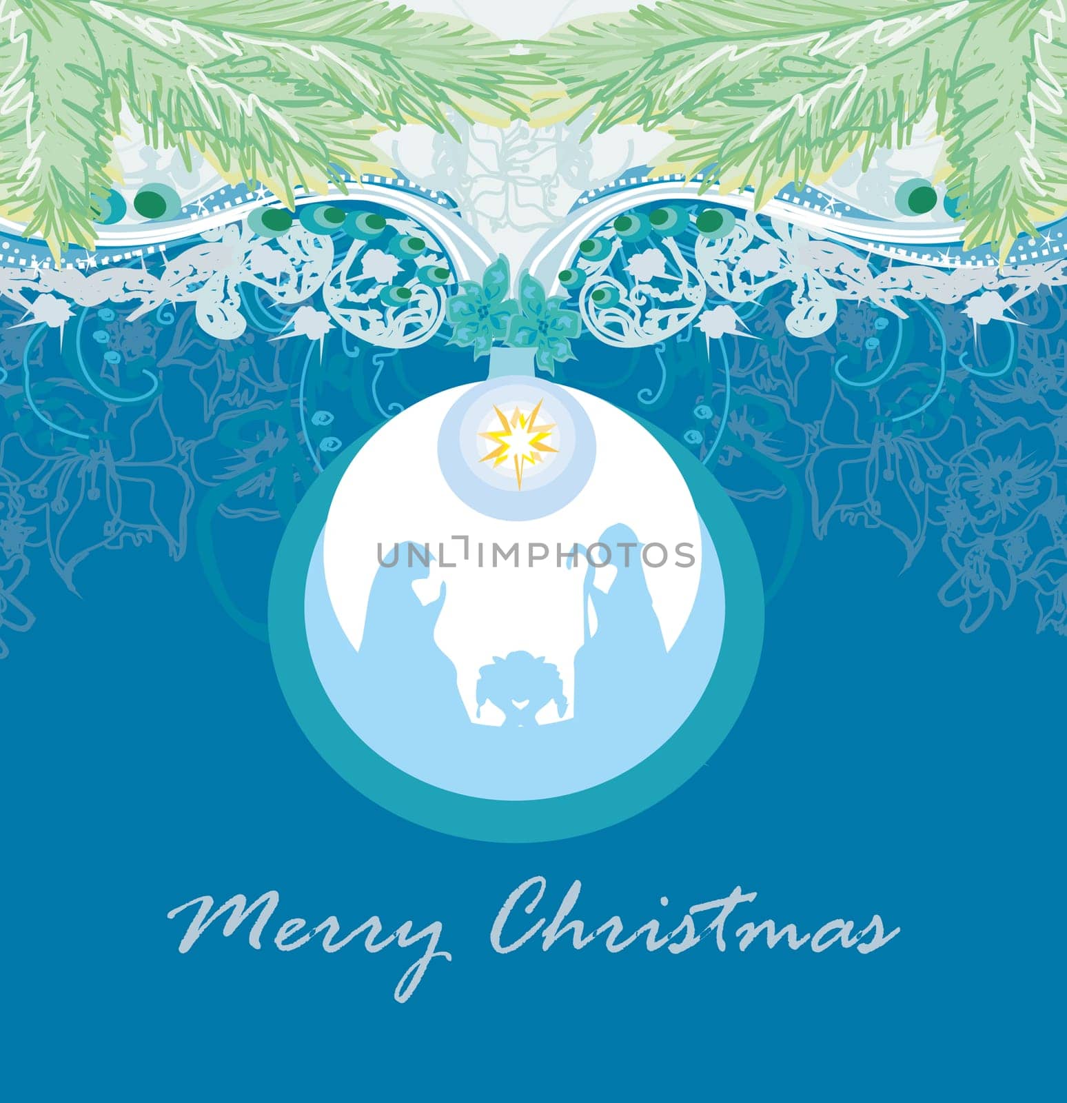 Christian Christmas nativity scene of baby Jesus in transparent ball hanging on  abstract background