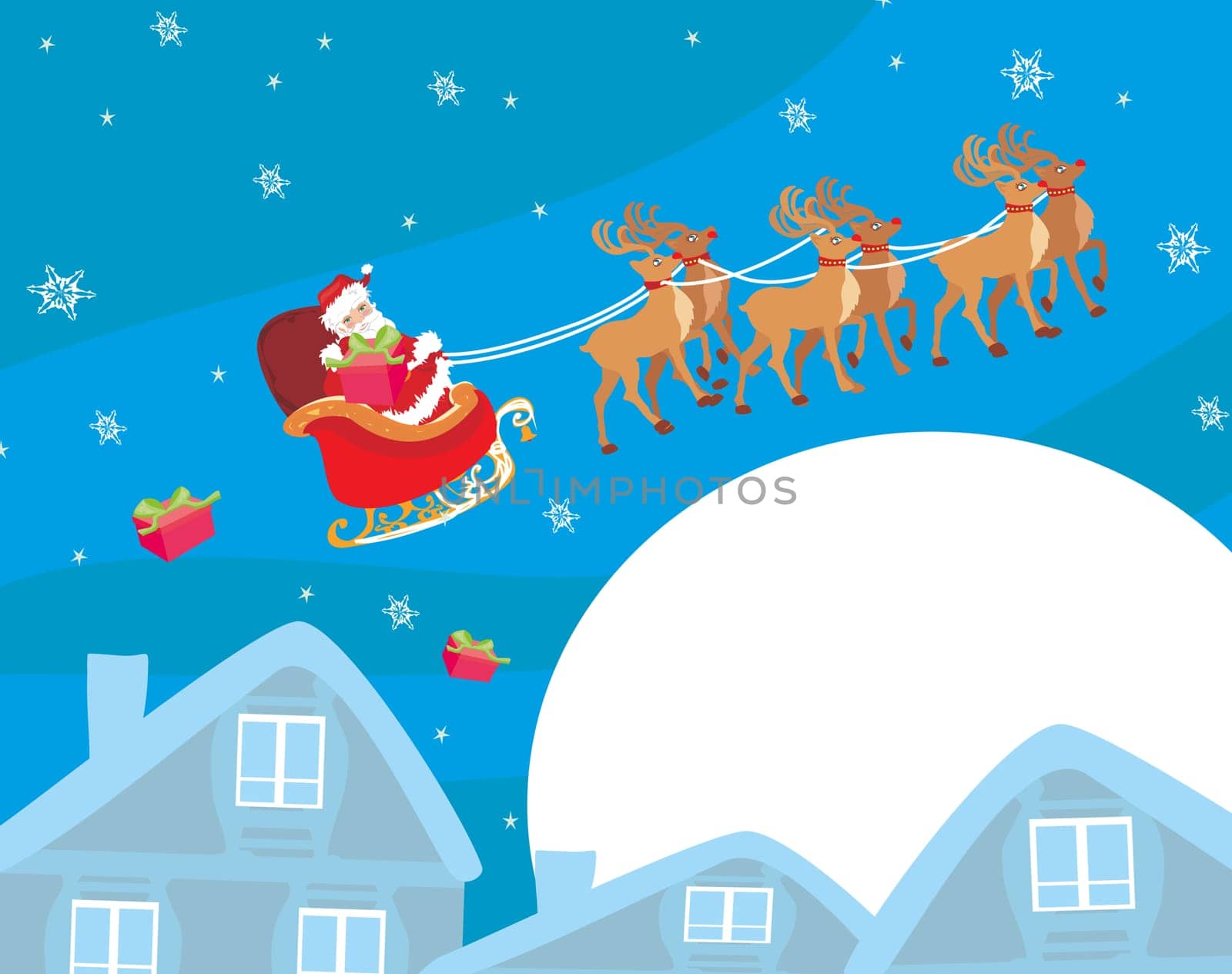 The santa claus flying with the sack full of presents