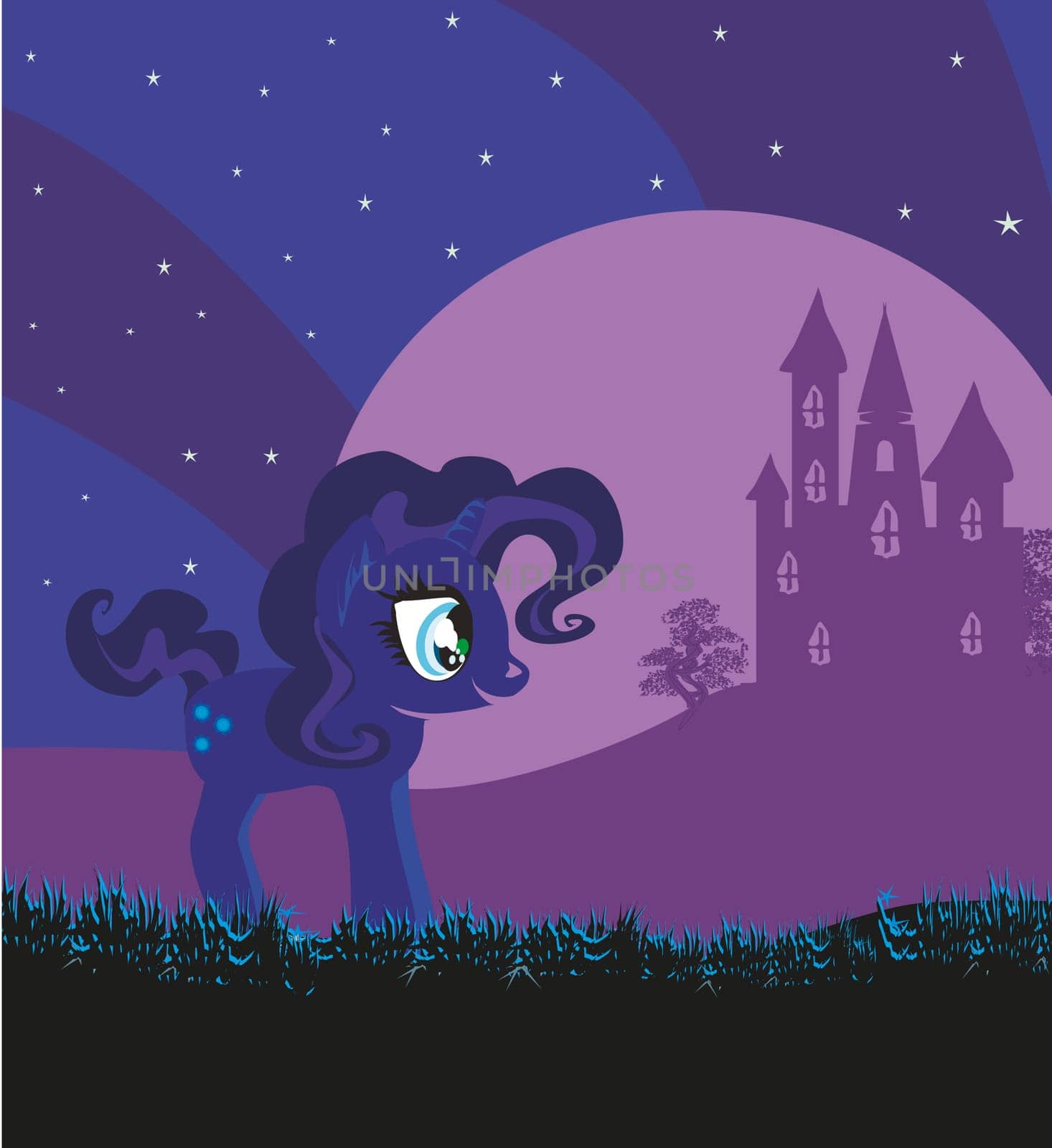 Fairytale landscape with magic castle and unicorn