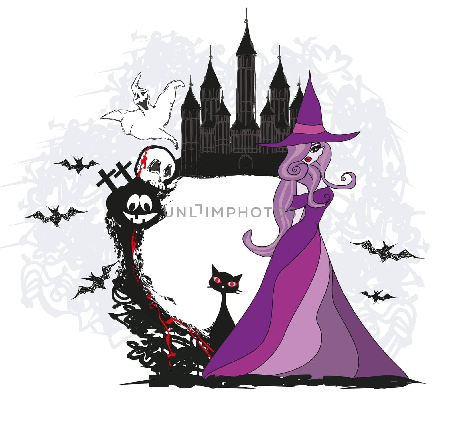 doodle frame , Halloween witch,bones, bats, skulls