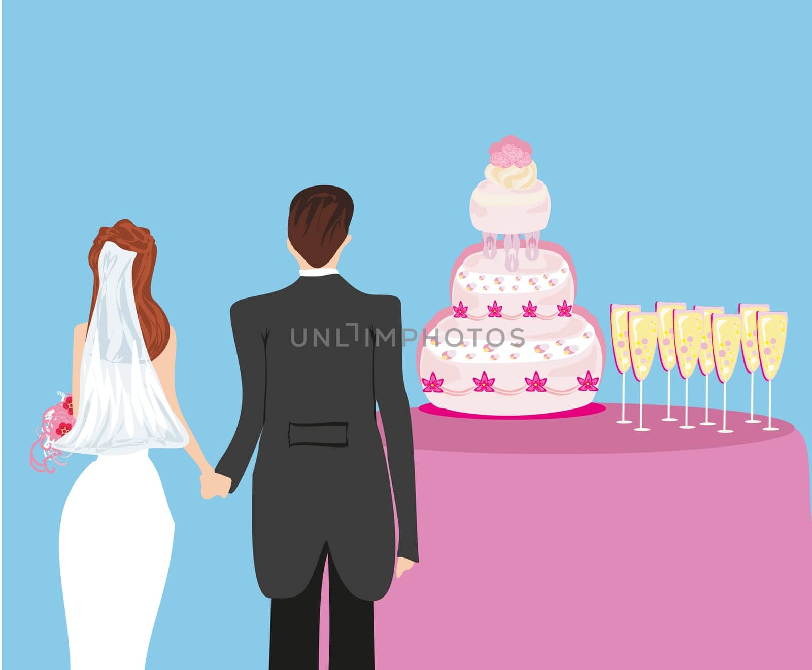 wedding cake and a pair of honeymooners