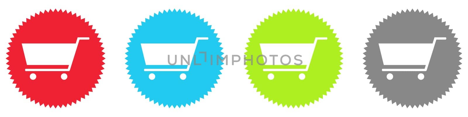 4 colorful Buttons red, blue, green and grey: Shop or Store