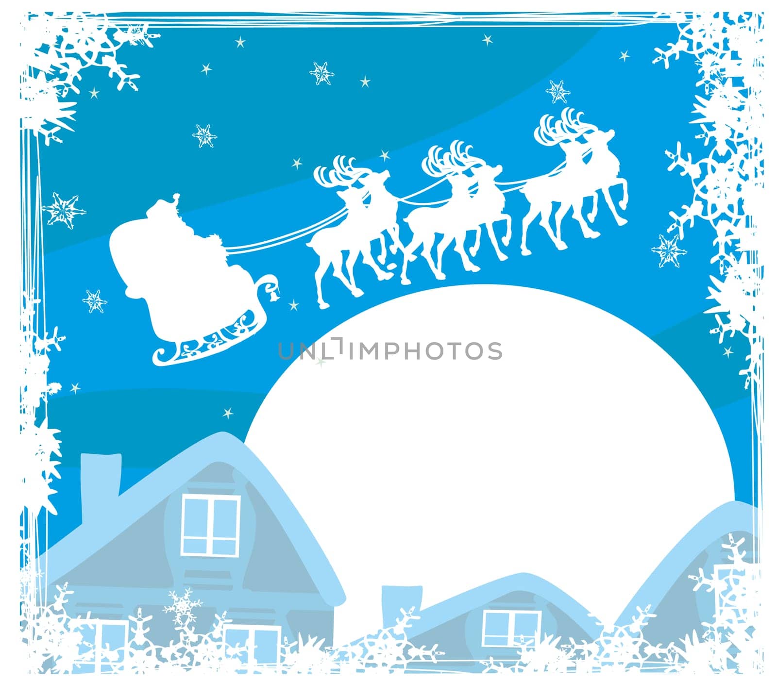 The santa claus flying with the sack full of presents