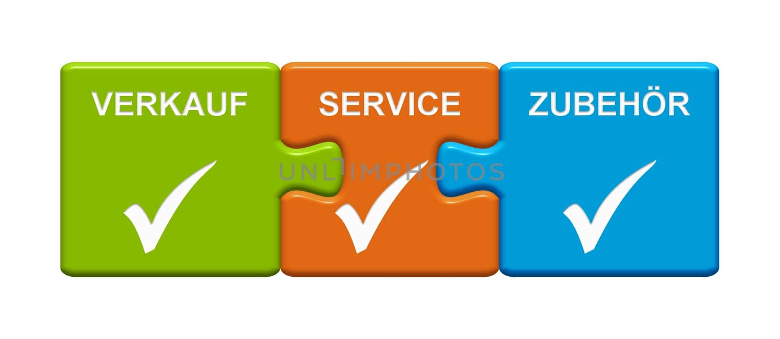 Isolated Puzzle Button with Checkmark symbols showing Sale, Service and Supplies in german language 3d illustration