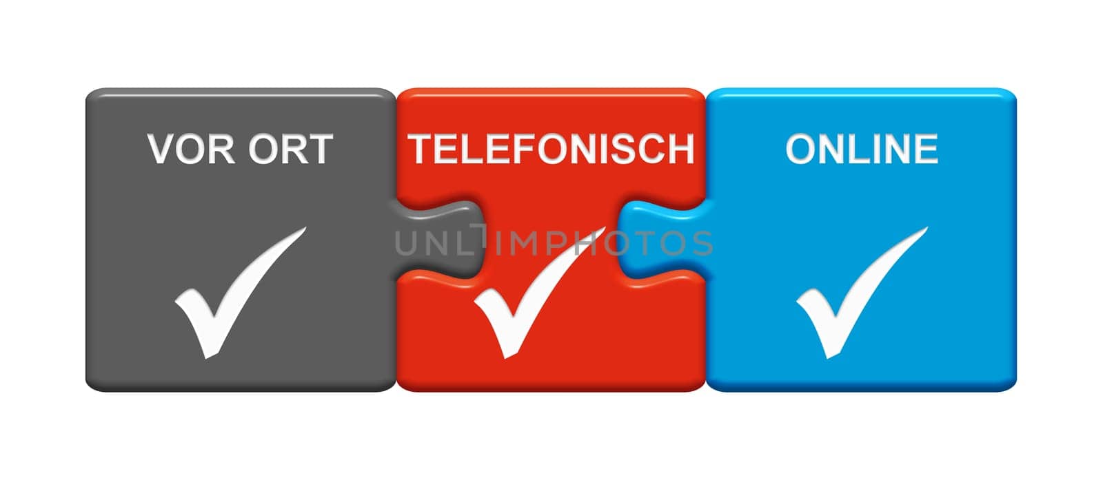 Isolated Puzzle Button with Checkmark symbols showing Locally, By Phone or Online in german language - 3D illustration