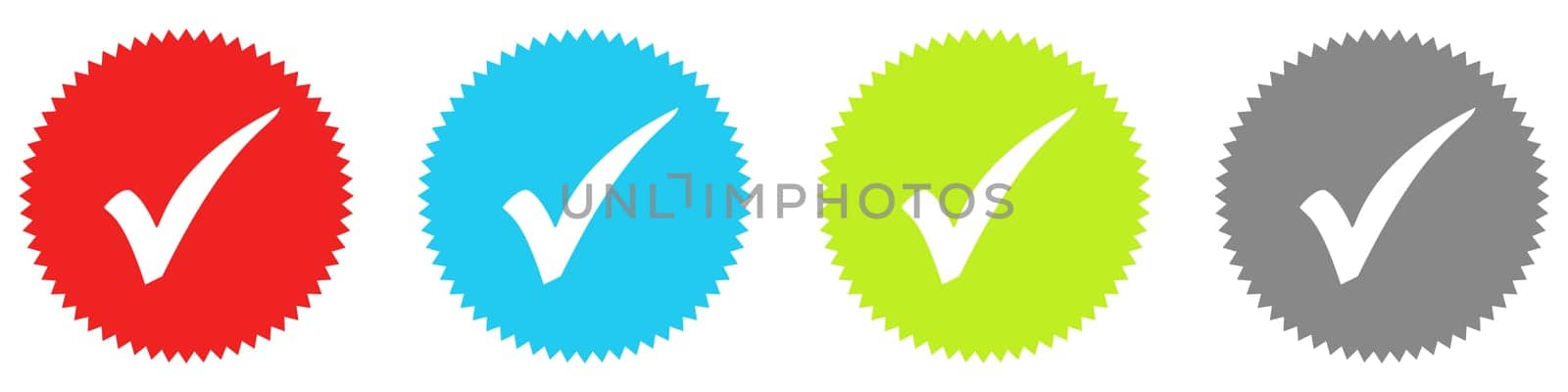 4 colorful Buttons red, blue, green and grey: Checkmark