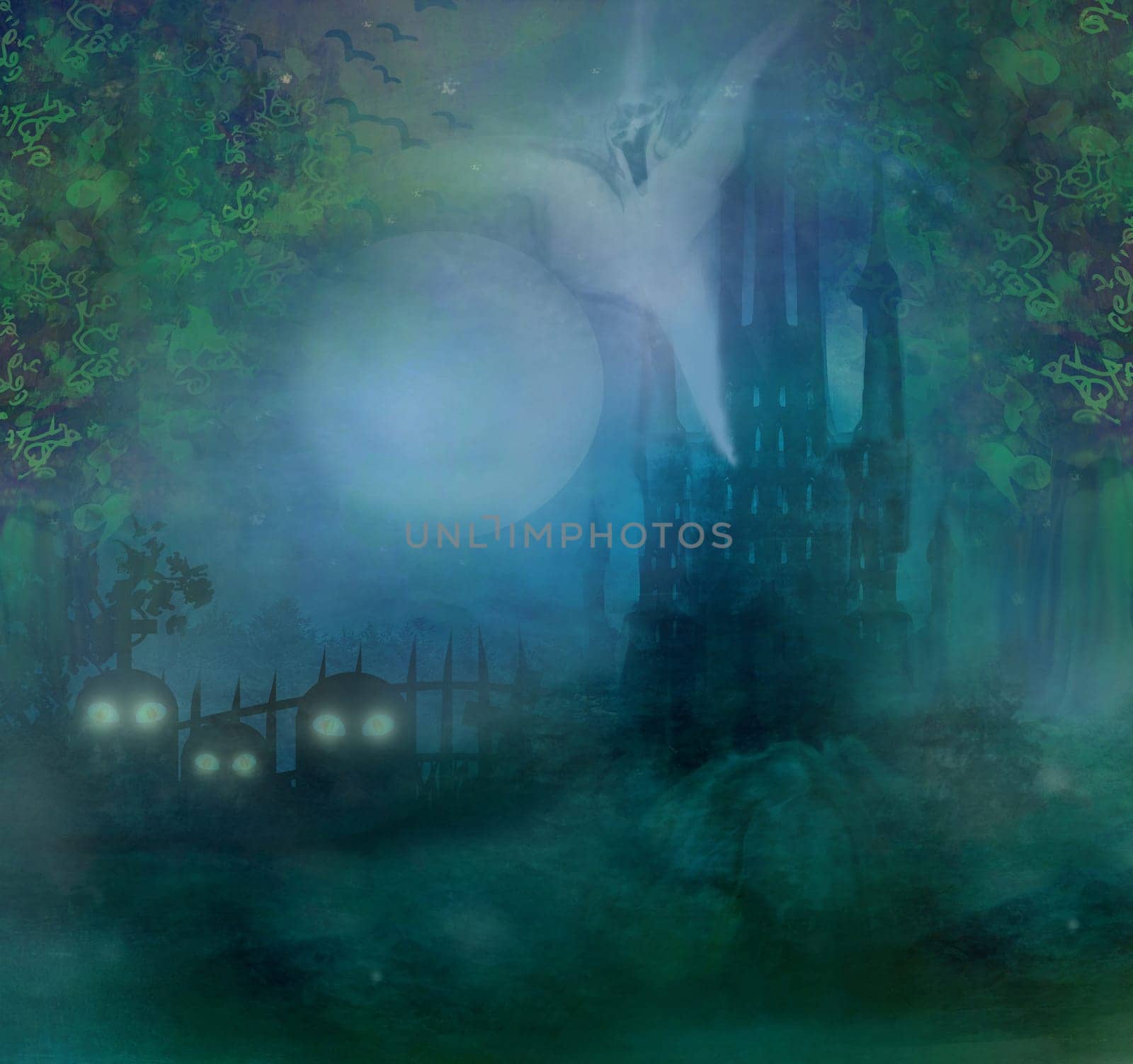 Halloween terrible illustration with a ghost in front of a haunted house.