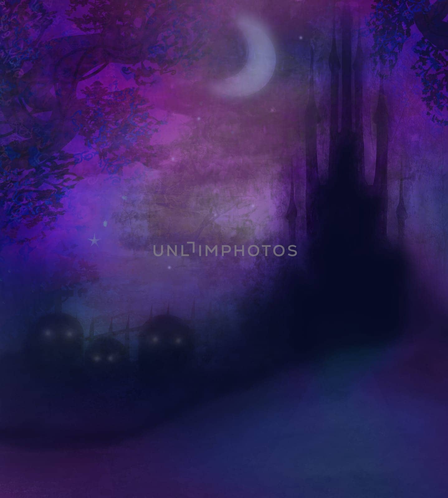 Halloween terrible illustration with a ghost in front of a haunted house.