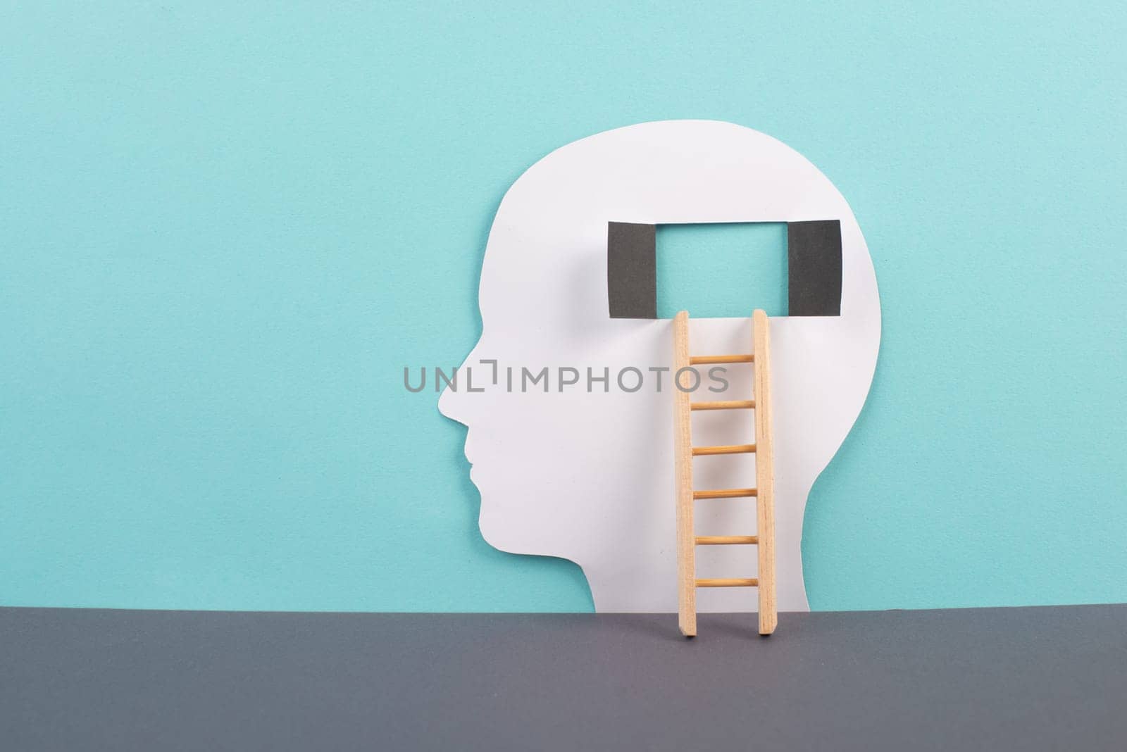 Silhouette of a man, window to the brain, ladder of success, open minded, brainstorming for ideas, disorder and psychology concept