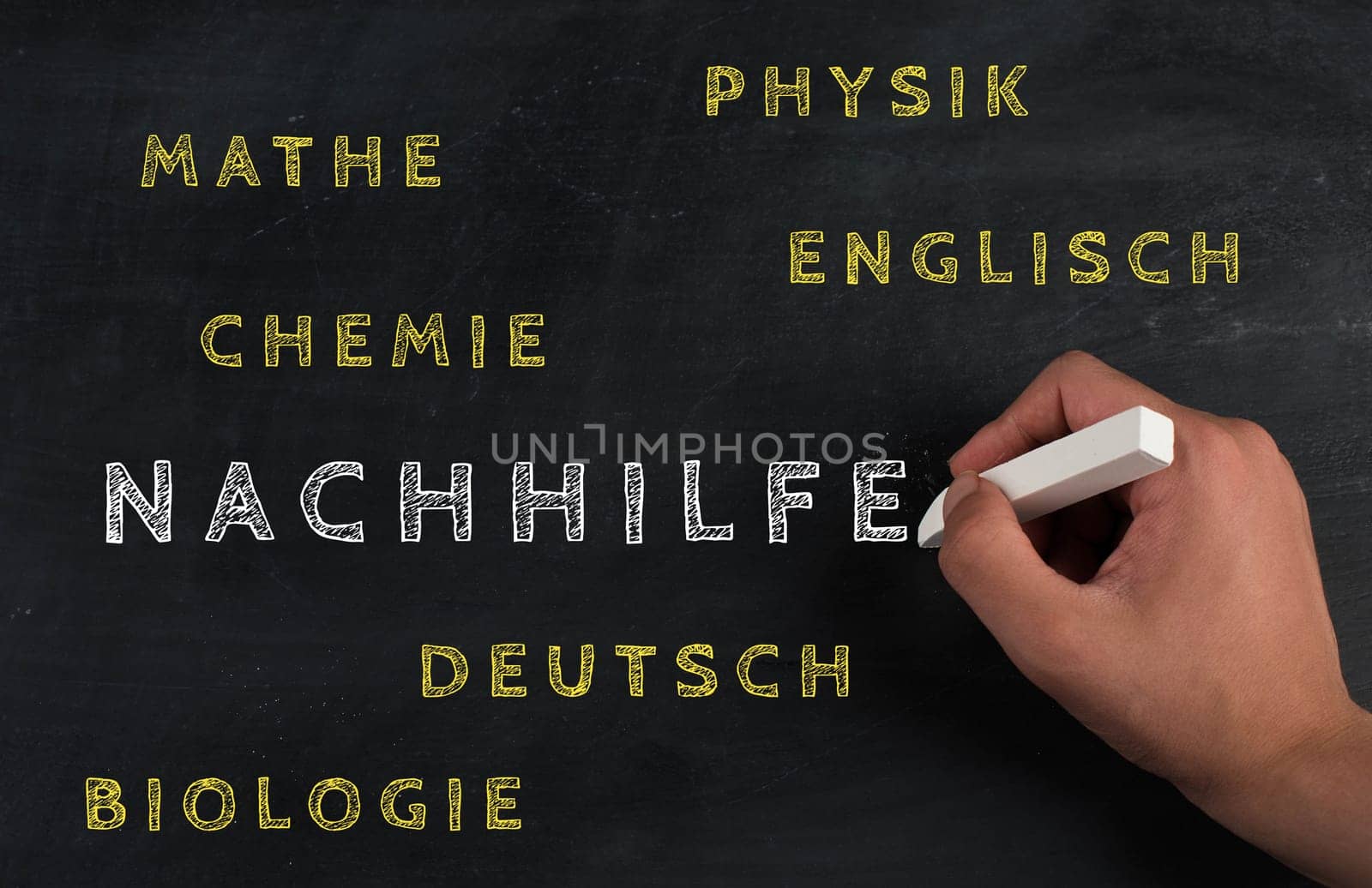 The word for private tutoring is standing in german language on a chalkboard, help for students in maths, physics, chemistry, english and biology, education concept