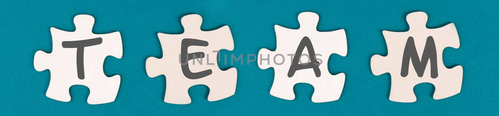 The word team is standing on puzzle pieces, connect the parts together, corporate in teamwork, communication and support concept