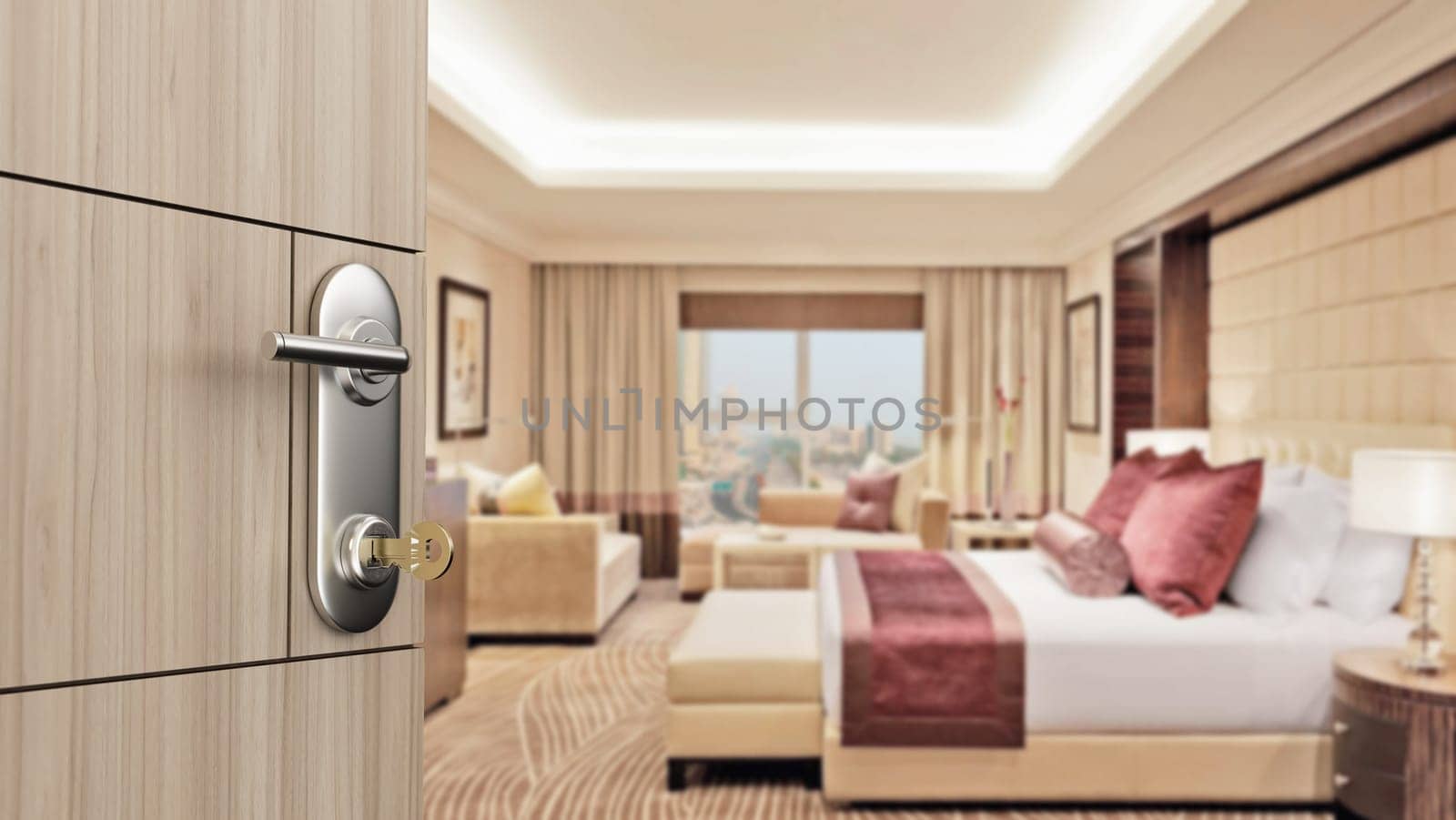 Door opening to luxury hotel room. 3D illustration.