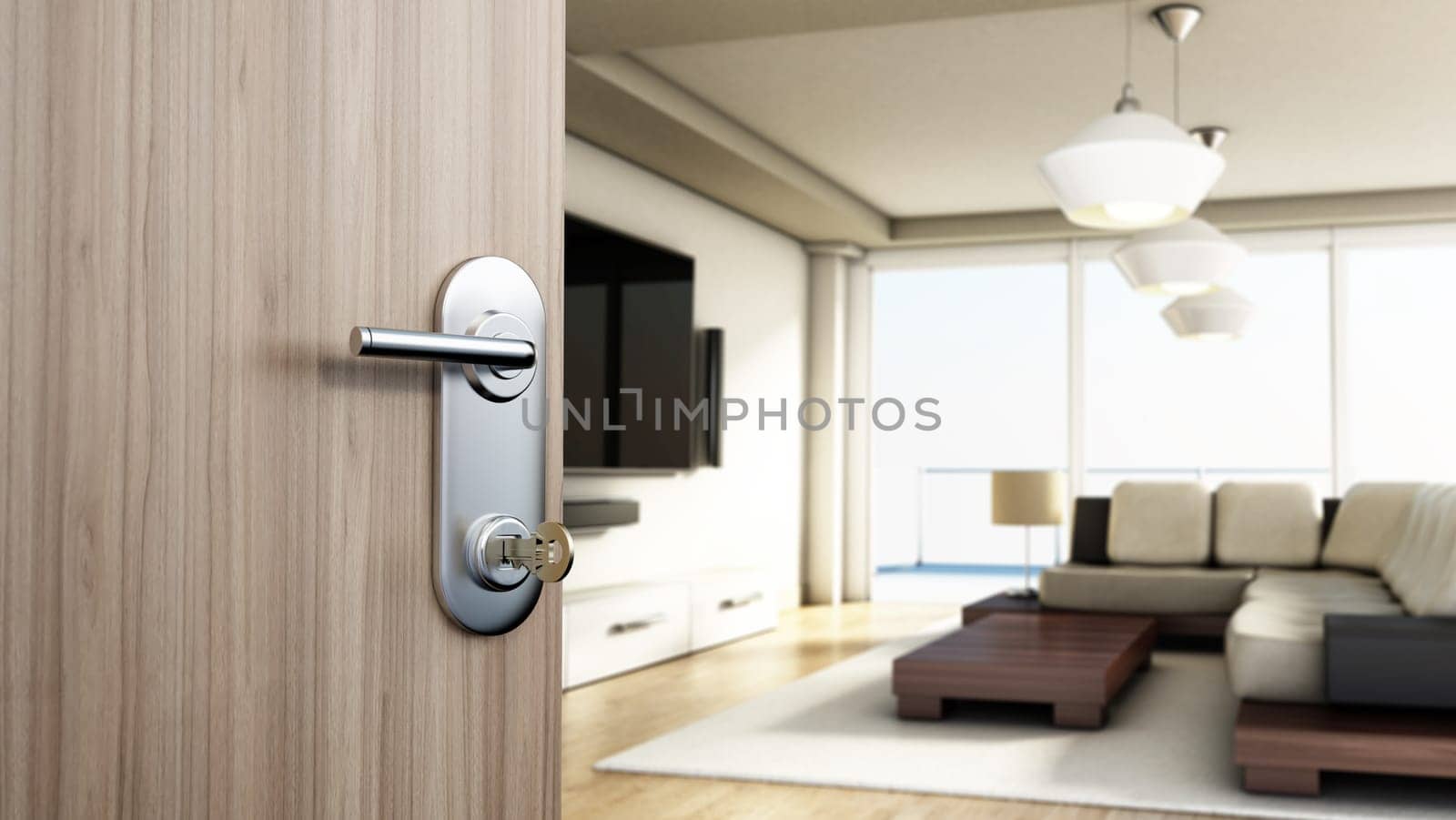 Door opening to comfortable and modern sitting room. 3D illustration.