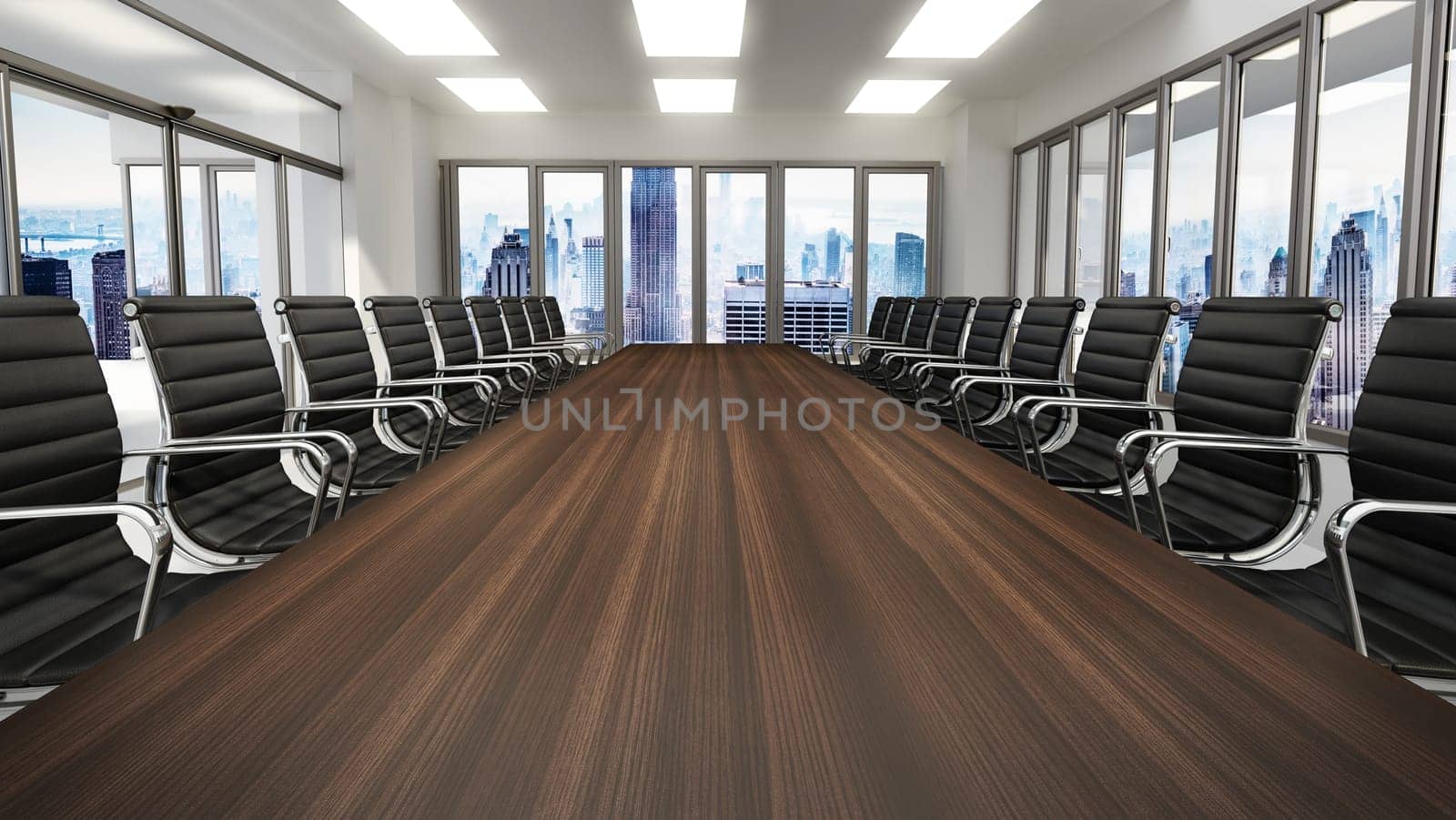 Meeting table and office chairs inside the boardroom. 3D illustration.