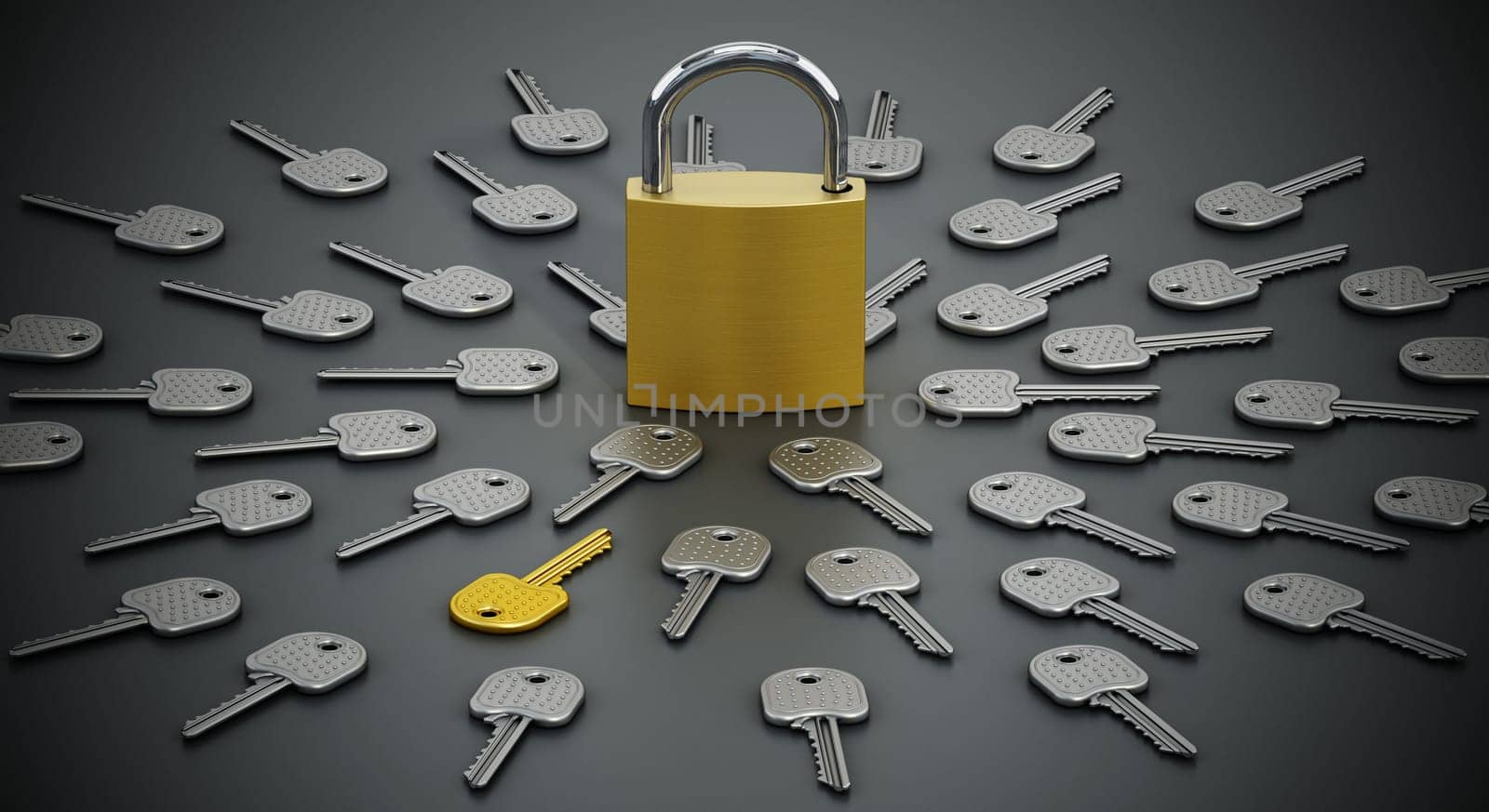 One golden key among many iron keys. 3D illustration.