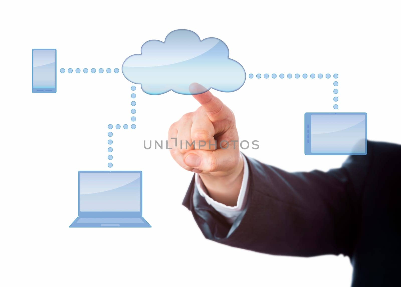 Arm in corporate suit raising index finger to point at void copy space in a cloud icon. The cloud symbol does link to cell phone, tablet device and laptop keys. Business metaphor for mobile computing.