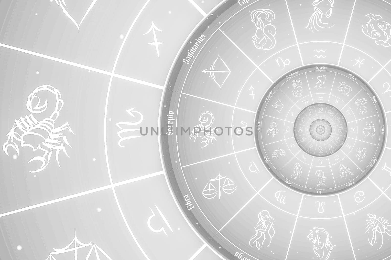 Astrological background with zodiac signs and symbol - white