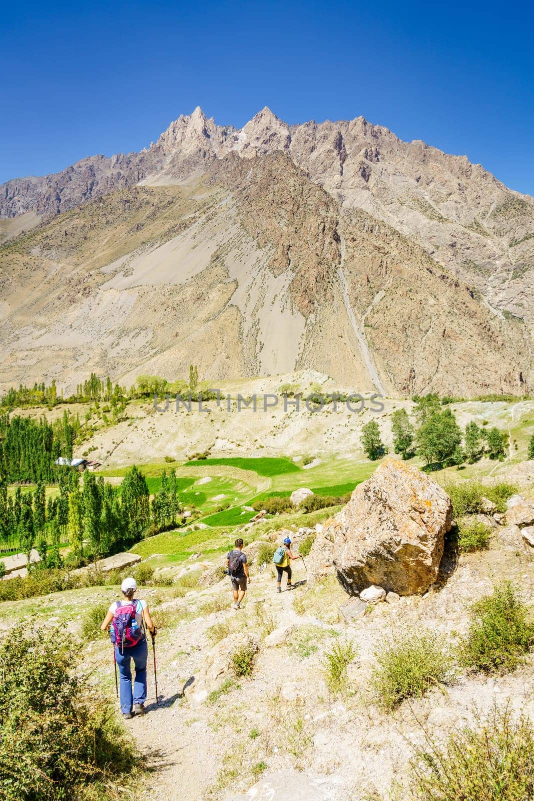 August 26, 2016, Yaghnob Valley, Tajikistan: A group of hikers on a trail in Yaghnob Valley in Tajikistan