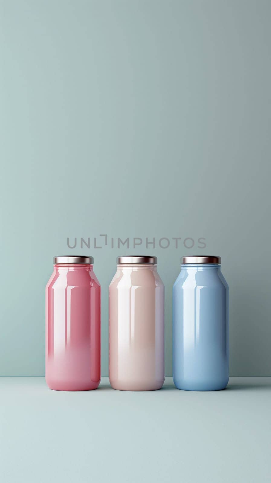 Three aesthetically pleasing jars in pink, beige, and blue are neatly arranged on a minimalist surface, creating a calm visual appeal - Generative AI