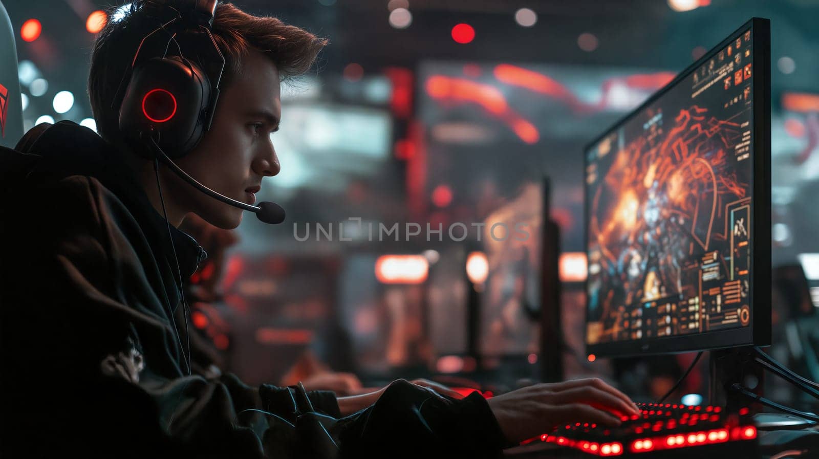 A dedicated young gamer participates in an intense esports tournament, fully focused on the screen, surrounded by a lively gaming atmosphere with bright lights - Generative AI